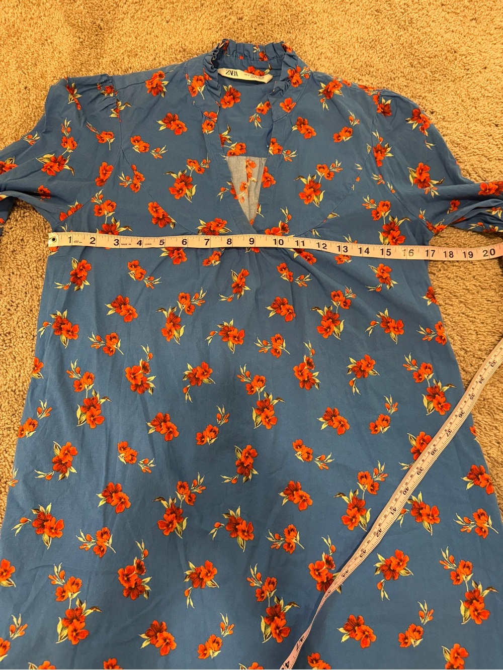 Zara Emma Blue Orange Floral Hibiscus V-Neck Long Sleeve Tunic Mini Dress Small - Picture 6 of 15